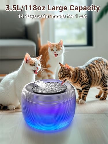 Kastty 3.5L Quiet Cat Water Fountain,118oz Large Capacity Pet Water Fountain for Cats Indoor with Water Level LED Light, E...