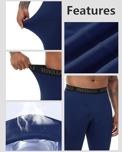 RIKUAOU Men's Thermal Underwear Bottoms, Fleece Lined Long Johns Pants with Fly, Athletic Base Layer Leggings Cold Weather