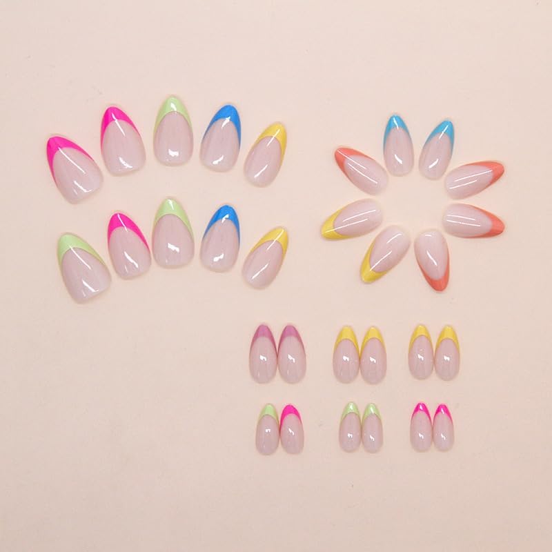 MRSCOL Press on Nails-Rainbow French,Press on Nails Almond,Press on Nails Short Reusable 30pcs Nail Kit with Glue