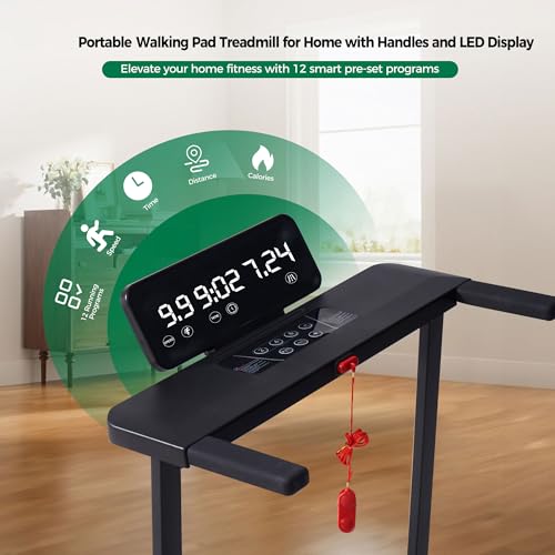 Compact Walking Pad with Handle Bar, Foldable Electric Treadmill with Handles and 3.5HP Powerful, Portable Small Walking P...