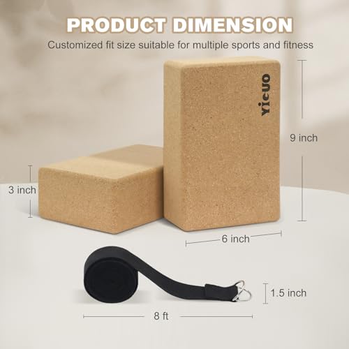 YIGUO Cork Yoga Blocks 2 Pack with Strap, High Density Soft Non-Slip Yoga Blocks, Eco-Friendly Yoga Accessories for Yoga, ...