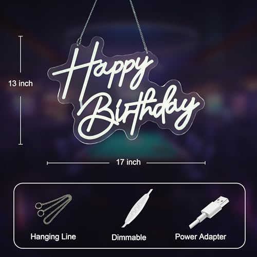 Happy Birthday Neon Sign Art Wall Lights for Beer Bar Club Bedroom Hotel Pub Cafe Wedding Birthday Party Gifts (White)