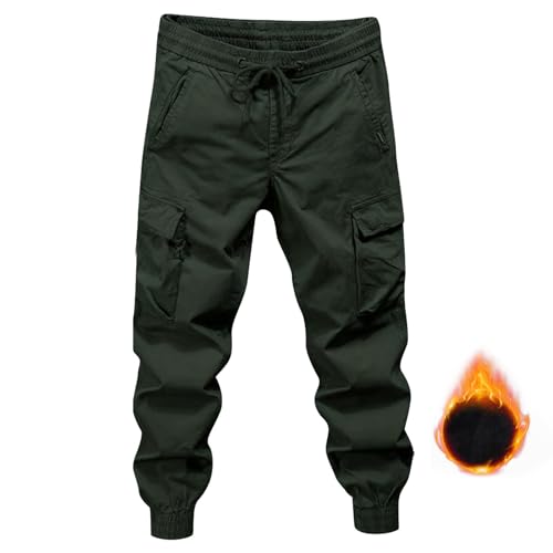 Fleece Lined Cargo Pants Men 2026 Winter Warm Elastic Waisted Cargo Pants Plus Size Cotton Outdoor Tactical Hiking Trousers