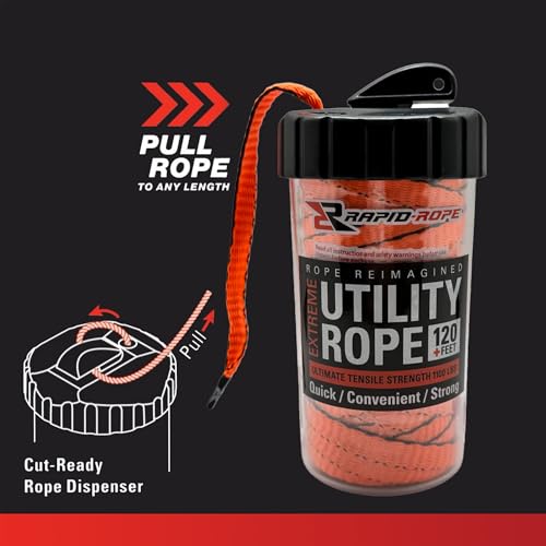 Rapid Rope Canister 120ft Orange Flat Tactical Paracord, Made in USA, 1100lb Tested Heavy Duty Poly Rope Test Cord, Non-Ta...