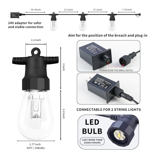 Outdoor String Lights 50FT, Outdoor Lights for Patio with 20 Dimmable RGBW LED Bulbs, IP66 Waterproof Shatterproof, with A...