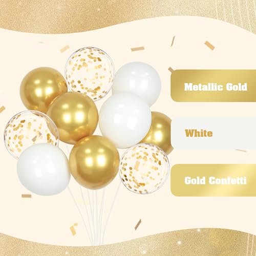 60pcs Gold and White Balloons 12inch, White and Gold Balloons with Metallic Gold Confetti Balloons for Graduation Wedding ...