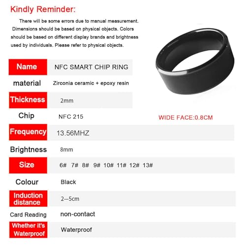 hecere Waterproof Ceramic NFC Ring, NFC Forum Type 2 215 496 Bytes Chip Universal for Mobile Phone, All-Round Sensing Tech...