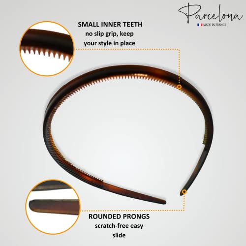 Parcelona French Thin Set of 2 Tortoise Shell Brown and Black Hair Headbands with Inner Teeth Nibs
