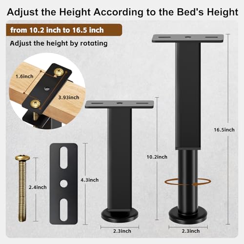 6PCS Adjustable Height Bed Support Legs, Heavy Duty Metal Bed Frame Support Legs, 10.2-16.5 inch Furniture Risers Replacem...