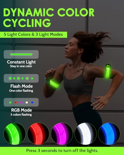 Fitense Rechargeable LED Armband 2-Pack, High Visibility Reflective Running Gear for Night Safety, 5 Colors & 3 Modes Ligh...