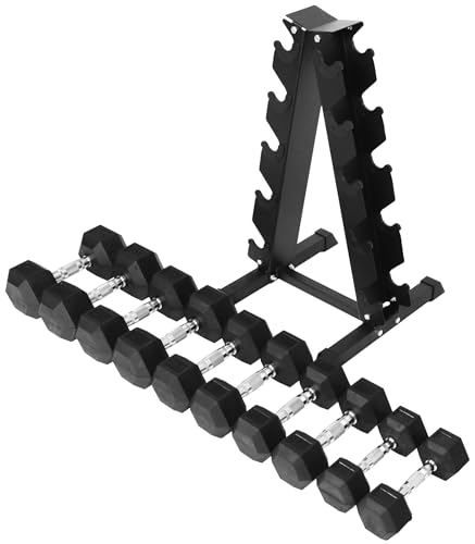 BalanceFrom Rubber Coated Hex Dumbbell Set with A-Frame Rack, Black – Solid Cast Iron Home Gym Weights with Chrome Handles...