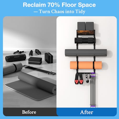 Yoga Mat Holder Wall Mount - Tool-Free Adjustable Yoga Mat Rack Shelf with 6 Rods & Basket, All-in-One Foam Roller Holder ...