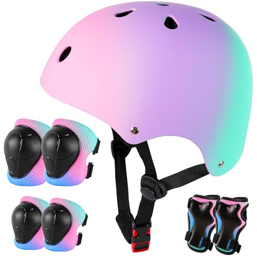Kids Bike Helmet for 3-5-8-14+ Age Girls and Boys, Kids Helmet with Knee Pads Elbow Pads Wrist Guards,Ventilation Multi-Sp...