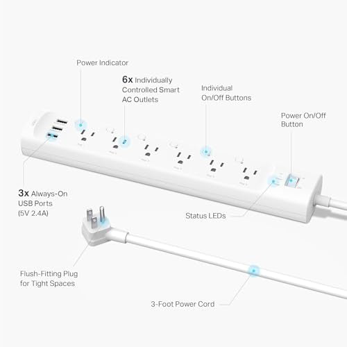 Tapo Smart Wi-Fi Power Strip- 6 Individually Controlled Smart Outlets and 3 USB Ports with Surge Protection, Matter, Works...