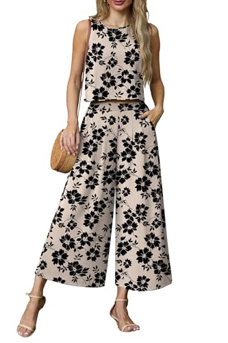 Lepunuo Womens Summer 2 Piece Outfits Sleeveless Crop Top Flowy Wide Leg Pants Matching Sets Vacation Beach Travel Outfits