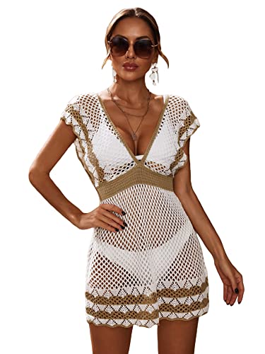 GORGLITTER Women's Crochet Hollow Out Cover Up Dress V Neck Cap Sleeve Beach Coverups Swimsuit