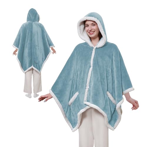 Sealy Heated Throw Wearable Shawl Wrap with Pockets, Reversible Flannel to Sherpa Electric Blanket Hoodie Poncho with 6 He...