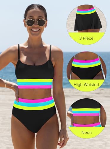 popvil High Waisted Bikini Sets for Women Tummy Control Swimsuits Neon Swimwear 3 Piece Bathing Suits with Skirt 2026