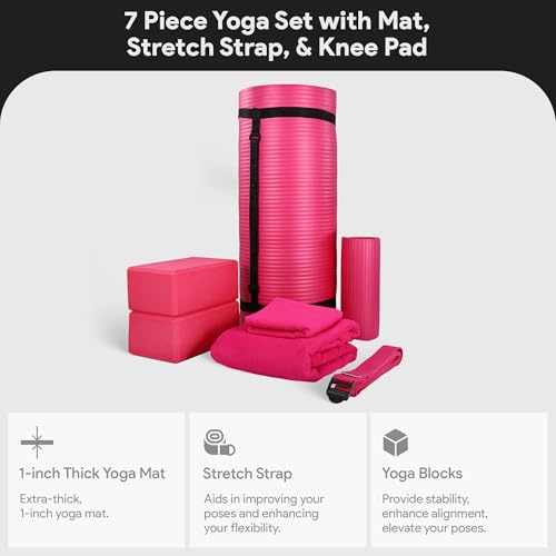 BalanceFrom 7-Piece Yoga Set with 71x24x1 Inches Extra Thick Mat and Carrying Sling – Includes 2 Blocks, Stretch Strap, 2 ...