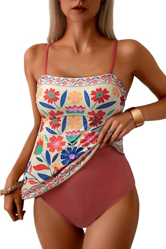 Dokotoo Women's Boho Floral Tankini Set Tummy Control Two Piece Swimsuits Flowy Vintage Beachwear