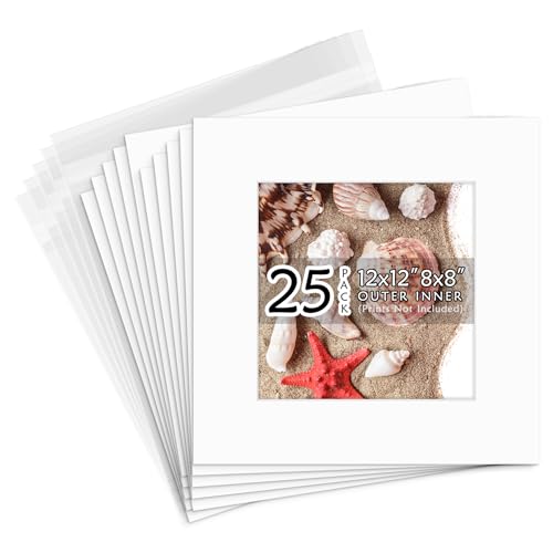 Golden State Art, Acid Free, Pack of 25, 12x12 White Picture Mats Mattes with White Core Bevel Cut for 8x8 Photo + Backing...