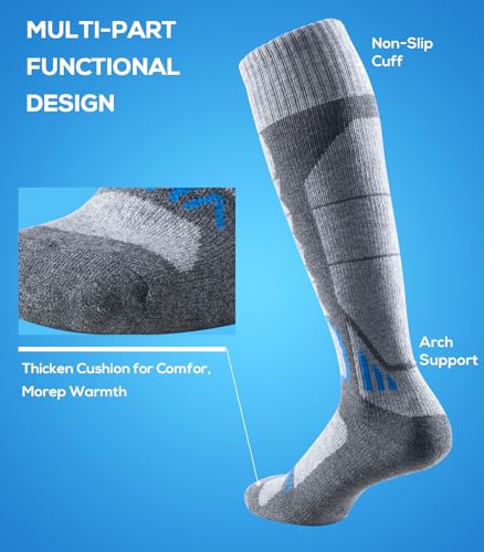 WEIERYA Merino Wool Ski Socks for Men, Women & Youth - Over-the-Calf Full Cushion Thermal Snowboard Socks, Winter Performance