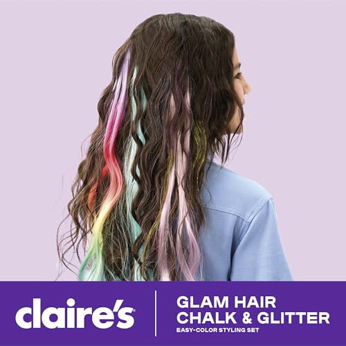 Claire's Hair Chalk & Glitter Styling Kit, 13-Piece Temporary Hair Color Set with Washable Chalk Pens, Glitter Gels, Clip-...