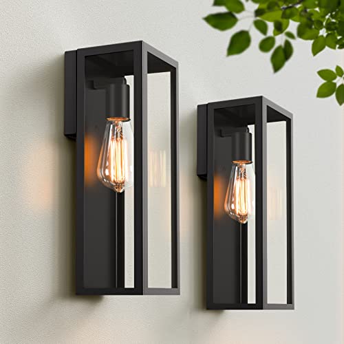 2-Pack Outdoor Wall Lanterns, Exterior Waterproof Wall Sconce with Glass Shades, Matte Black Porch Lights Wall Mounted, An...