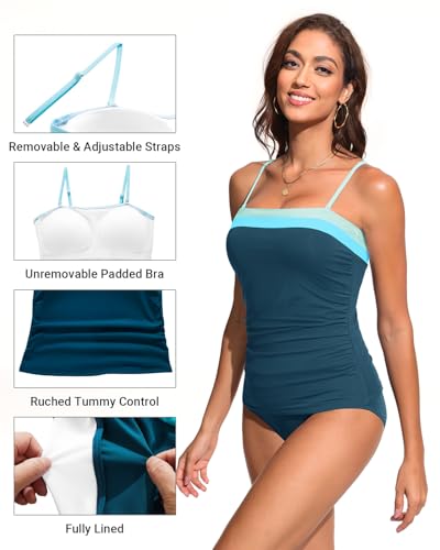 Daci Bandeau Tankini Swimsuits for Women - Two Piece Ruched Tummy Control Bathing Suit Strapless Swimwear with Bottom