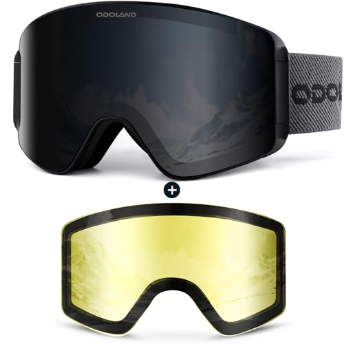 Odoland Ski Goggles with Detachable Lens, Frameless Interchangeable Lens Anti-Fog 100% UV Protection Snowboard Snow Goggles
