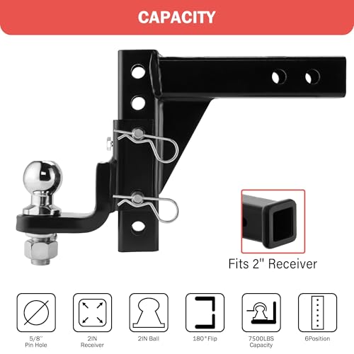 OPENROAD Adjustable Trailer Hitch Ball Mount - Fits 2-Inch Receiver, 2" Tow Balls, 7500lbs, 9-1/2" Drop/ 8-1/4" Rise, Heav...