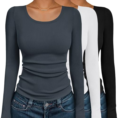 Ekouaer Womens Long Sleeve Shirts 3 Packs Scoop Neck Ribbed Tops Fitted Thermal Undershirt Soft Layering Tees XS-XXL