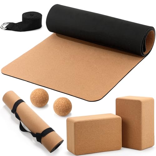 Seenelling 7 Pcs Cork All in One Yoga Essentials Kit Large Cork Yoga Mat and Blocks Set with Carry Strap and Alignment Lin...