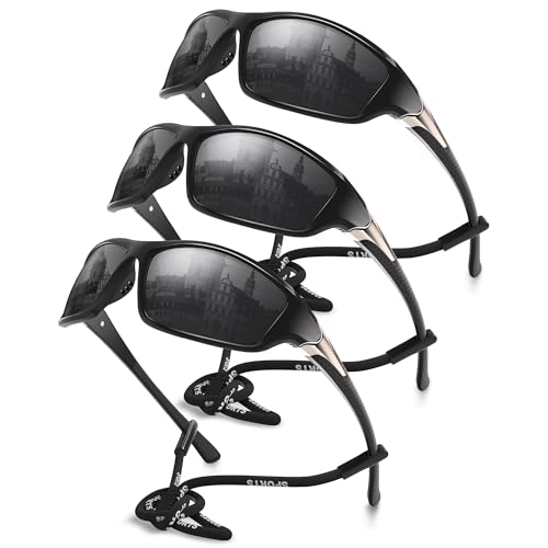 Foliful 3 Pack Polarized Sports Sunglasses for Men, Mens Sunglasses Wrap Around UV Protection for Cycling Fishing Driving