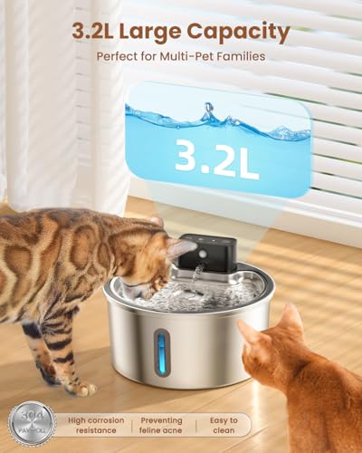 PawPoll Wireless Cat Water Fountain Stainless Steel - 3.2L/108oz Cordless Pet Water Fountain Battery Operated Cats Water D...