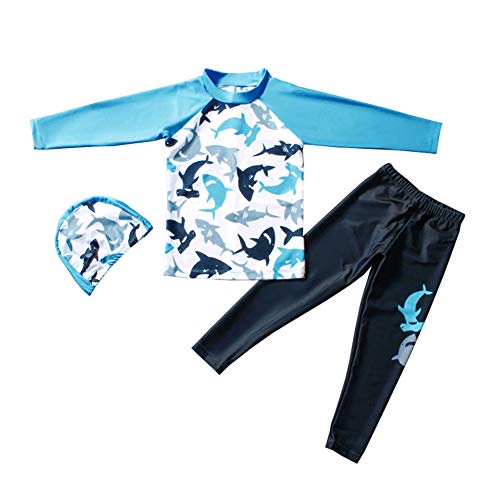Digirlsor Kids Boys Two Piece Rash Guard Swimsuit Bathing Suit Long Sleeve Sunsuit Swimwear Set with Cap 2-10 Years