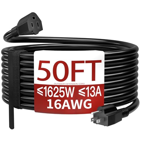 Skrizcable 16/3 50 FT Outdoor Extension Cord Waterproof, Weatherproof & Flame Retardant Black 3 Prong Power Cord Outside f...