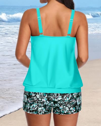 Aqua Eve Two Piece Women's Tankini Swimsuits Blouson Swim Tank Top with Shorts Modest Bathing Suits