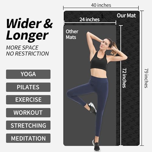 Hatha Yoga Extra Long TPE Yoga Mat 79" x 40” x 1/2" Thick Non-slip Exercise Mat for Home Gym Use, Yoga, Pilates, Fitness &...