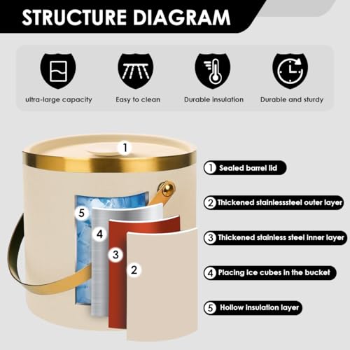 3L beige white Double Wall Insulated Stainless Steel Ice Bucket with scoop for Cocktail Bar,Metal Ice Bucket for freezer w...