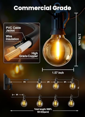 Brightown 108FT 52 LED Solar String Lights Outdoor with Remote & USB Port, Shatterproof Bulbs, Dimmable & Timable, 3 Light...