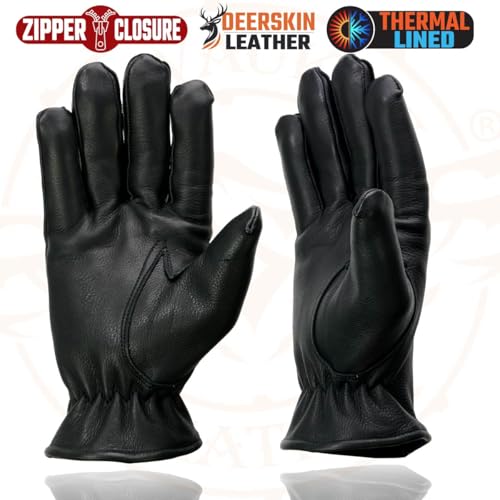 Milwaukee Leather SH866 Men's Thermal Lined USA Deerskin Leather Black Motorcycle Gloves w/Zipper Closure