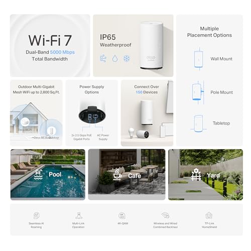 TP-Link Deco 7 Outdoor BE25 BE5000 Dual-Band Wi-Fi 7 Outdoor Mesh WiFi Extender Unit | Up to 2,800 sq.ft | 2*2.5G PoE+ Por...