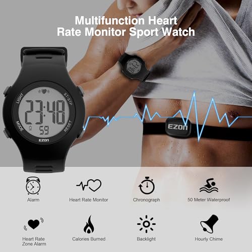EZON Heart Rate Monitor Chest Strap and Digital Watch,5ATM Waterproof Fitness Tracker with HRM,Calories Burned,Stopwatch a...