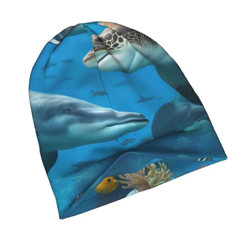 Dolphins Sea Turtle Shark Octopus Coral Reef Print Beanie Hat for Men and Women Stretchy Slouchy Winter Warm Cap Headwear ...