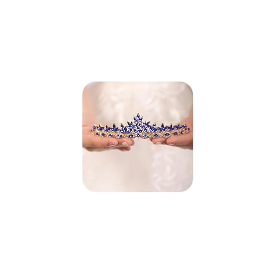 JWICOS Rhinestones Navy Blue Crystal Leaves Tiara and Crown Bridal Headband Tiara Headdress for Wedding/Christmas/Photogra...