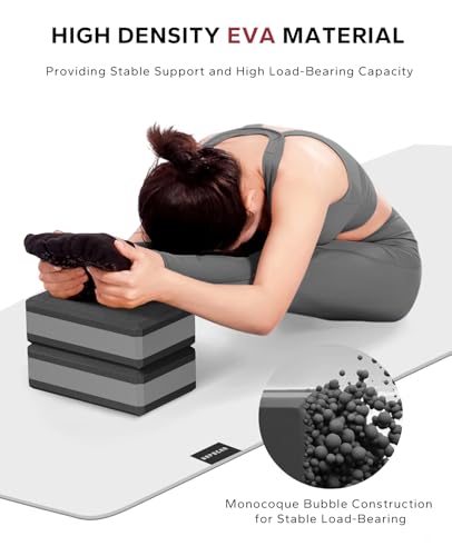 HAPBEAR Yoga Blocks 2 Pack - 9x6x3in High-Density EVA Foam with Non-Slip Textured Surface, Supportive for Deep Stretching...