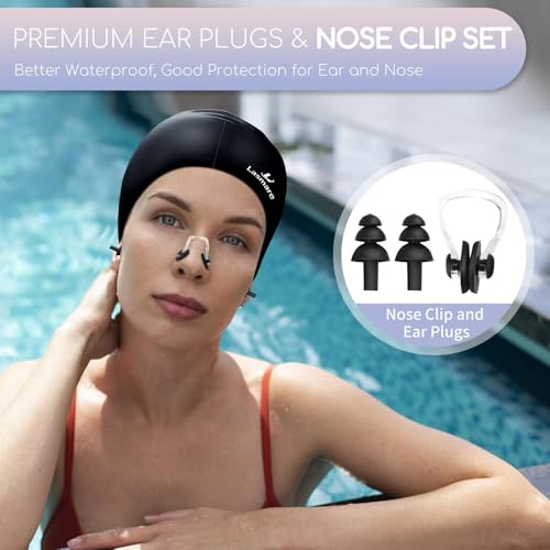 Long Hair Swim Cap for Women 2 Pack, Silicone Swimming Caps for Unisex Adult Women Men with Ear Plugs & Nose Clip Set, Wat...