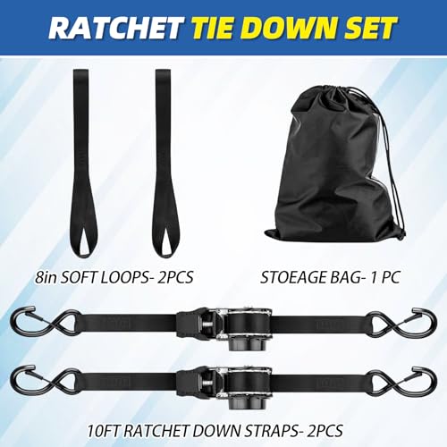 Retractable Ratchet Strap Heavy Duty 2 Pack 10 FT 1800 LB Break Strength Ratchet Tie Down with Safety Lock S Hooks and Sof...