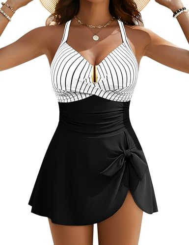 Blooming Jelly Womens Tummy Control One Piece Swimsuits Criss Cross Push Up Bathing Suits U-Wire Ruched Swim Dress 2026